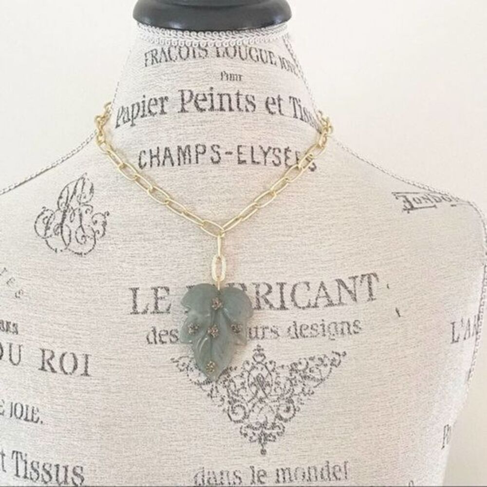 ANTHROPOLOGIE Jade Leaf Gold Chain Necklace